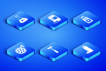 Set Inhaler, Test tube and flask, Neurology reflex hammer, Surgery lamp, Medicine bottle pills and Organ container icon. Vector