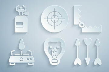 Set Bear head on shield, Trap hunting, Camping gas stove, Hipster arrows, Target sport and icon. Vector