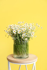 Vase with beautiful chamomiles on table near color wall