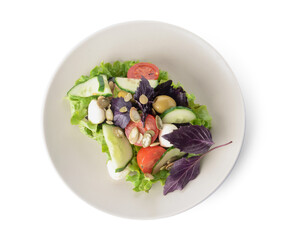 Plate with tasty fresh salad on white background