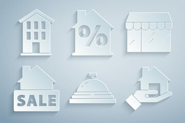 Set Hotel service bell, Market store, Hanging sign with Sale, Realtor, House percant discount and icon. Vector