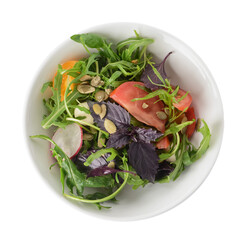 Bowl with tasty fresh salad on white background