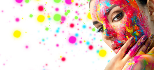 Fashion Model Girl colorful face paint. Beauty fashion art portrait, beautiful woman with painting smears, abstract makeup. Vivid paint make-up, bright colors. Multicolor creative make-up. Painter