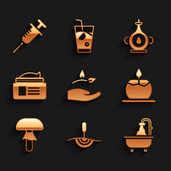 Set Leaf in hand, Acupuncture therapy, Bathtub, Aroma candle, Mushroom, Ointment cream tube, Oil bottle and Syringe icon. Vector