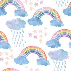Seamless watercolor pattern of clouds and rainbows on a background of rain and stars. Childish gentle background.