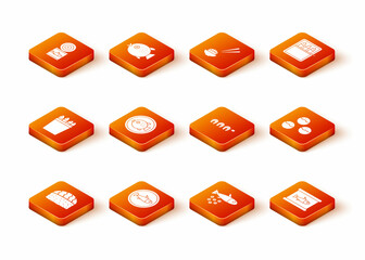Set Sushi, Served fish on a plate, Fishing bucket with fishes, Puffer, caviar, Grilled steak, Canned and Takoyaki icon. Vector