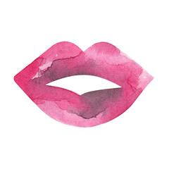 Pink female lips. Watercolor drawing.