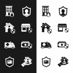 Set Shopping building with shield, House, Fire burning house, Life insurance, Emergency car, Money, and Travel suitcase icon. Vector