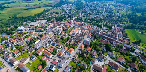 Aerial view of the city Bruck in der Oberpfalz in Germany, Bavaria on a sunny day in Spring