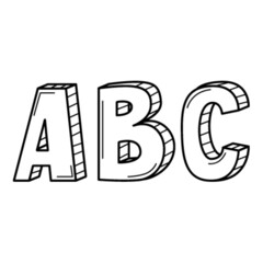 The letters ABC in doodle style. Hand-drawn black and white vector illustration. Design elements are isolated on a white background