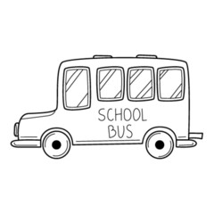 Doodle-style school bus. Hand-drawn black and white vector illustration. Design elements are isolated on a white background