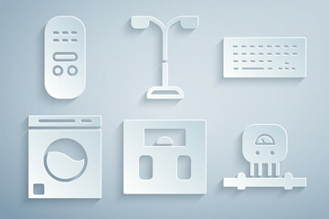 Set Bathroom scales, Keyboard, Washer, Smart sensor, Street light and Remote control icon. Vector