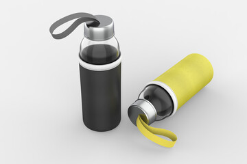 Glass Bottle with Pouch Mockup isolated on white background. 3d illustration