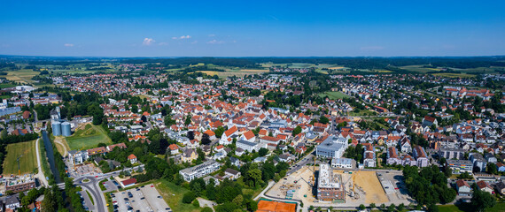 Aerial view of the city Aichach in Germany, Bavaria on a sunny afternoon spring day