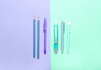 School supplies on color background