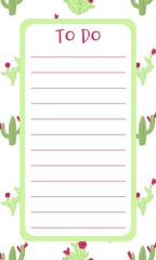 Agenda blank list with cactus on background in hand drawn cartoon doodle style. Vector illustration for daily planning, stationary schedule