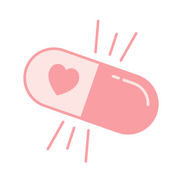 Pink pill with medicine for love, with a heart inside. Vector illustration, transparent tablet in pastel muted color. Print design, logo, sticker in modern and flat style. Medicine love concept