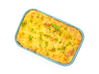 Casserole with mashed potatoes on white background