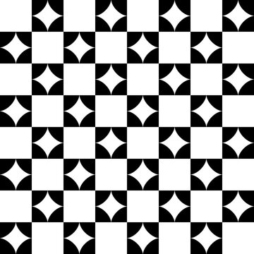 Chessboard with white fou ray stars on black sells. Vector squares in checker position.