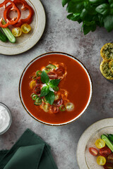 Gazpacho, tomato soup with vegetables, top view