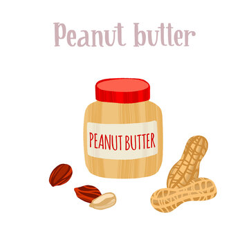 Peanut butter in a jar with peanuts around. Healthy nutrition product.