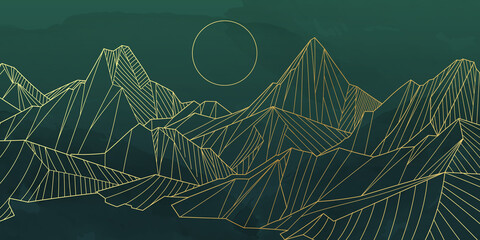 Gold mountain wallpaper design with landscape line arts, Golden luxury background design for cover, invitation background, packaging design, wall arts, fabric, and print. Vector illustration.