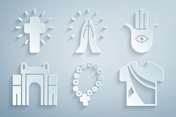 Set Rosary beads religion, Hamsa hand, India Gate in Delhi, Indian man dress, Hands praying position and Christian cross icon. Vector