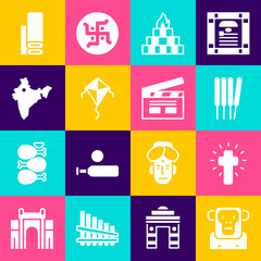 Set Monkey, Christian cross, Aroma sticks, incense, Yagna, Kite, India map, Indian textile fabric and Bollywood indian cinema icon. Vector