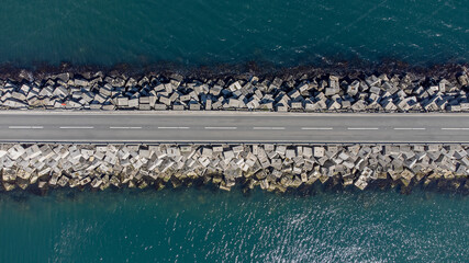An aerial view of the Churchill Barriers in Orkney, Scotland, UK