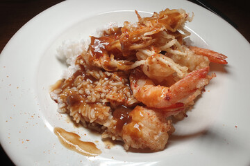 Shrimp Tempura Curry Rice Close Up. Home Cooked Japanese Cuisine.