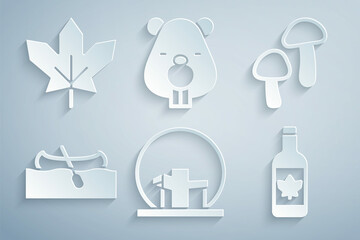 Set Montreal Biosphere, Mushroom, Kayak or canoe, Beer bottle, Beaver animal and Canadian maple leaf icon. Vector