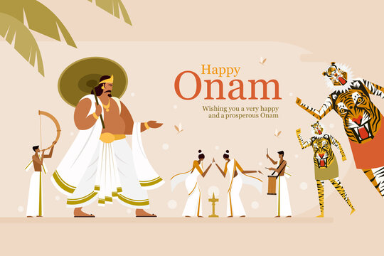 Onam festival greeting background with King Mahabali and traditional art forms. Onam is a harvest festival in Kerala, India