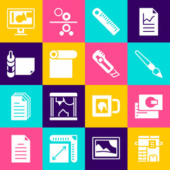Set Copy machine, Business card, Paint brush, Ruler, Roll of paper, Computer monitor screen and Stationery knife icon. Vector