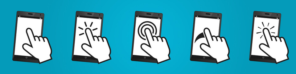 Different Gestures On Mobile Devices - Vector Illustration Set Isolated On Blue Gradient Background