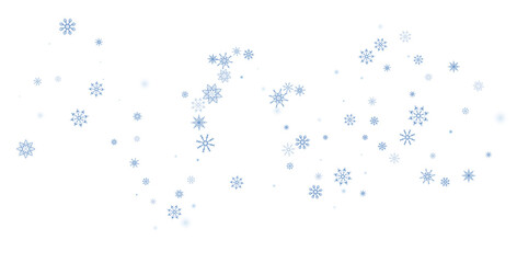 Blue delicate openwork snowflakes scatter on a white background. Festive background, postcard design, wallpaper
