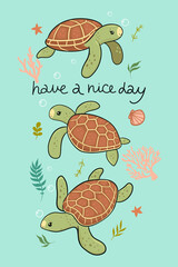 Postcard with cute sea turtles. Vector graphics.
