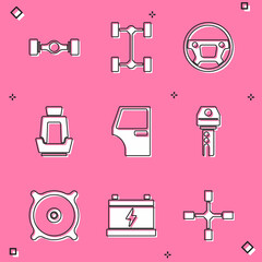 Set Chassis car, Steering wheel, Car seat, door, key with remote, audio speaker and battery icon. Vector