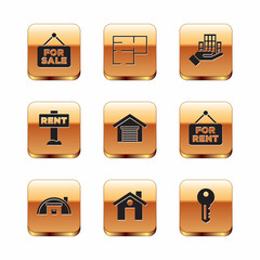 Set Hanging sign with For Sale, Warehouse, House, Garage, Rent, Skyscraper, key and plan icon. Vector