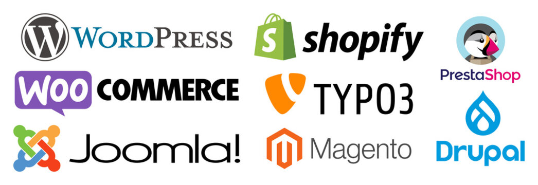 Vinnytsia, Ukraine - August 5, 2021. Set of CMS systems logo: WordPress, Shopify, WooCommerce, PrestaShop, Magento, Joomla, Drupal, TYPO3. E-commerce website software icons isolated on white 
