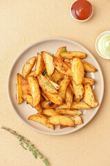 Plate with tasty baked potato and sauce on color background