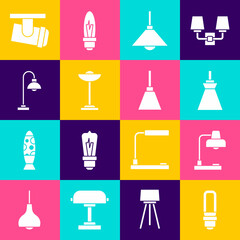 Set LED light bulb, Table lamp, Lamp hanging, Floor, Led track lights and lamps and Chandelier icon. Vector