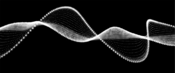 Wave of white particles. Abstract technology flow background. Sound mesh pattern or grid landscape. Digital data structure consist dot elements. Future vector illustration.