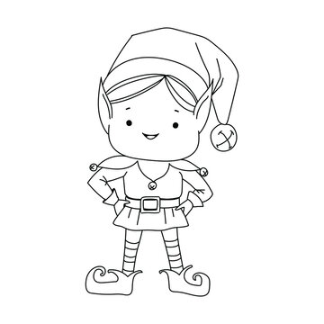 standing happy christmas elf in contour on the white background