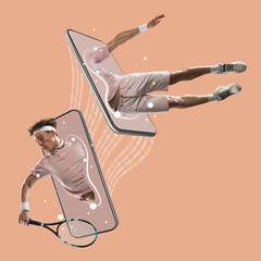 Professional male tennis player stuck on phone screen with binary code on beige background. Modern...
