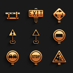 Set Triangle warning blank, Stop sign, Warning road, No overtaking traffic, Exclamation mark triangle, Roundabout and Parking car barrier icon. Vector