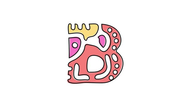 Letter B. 4K video. Blue font animated isolated on clear white background. Comics funnies symbol, black outline. Capital Letter B for kids software, interface, mobile app, game.
