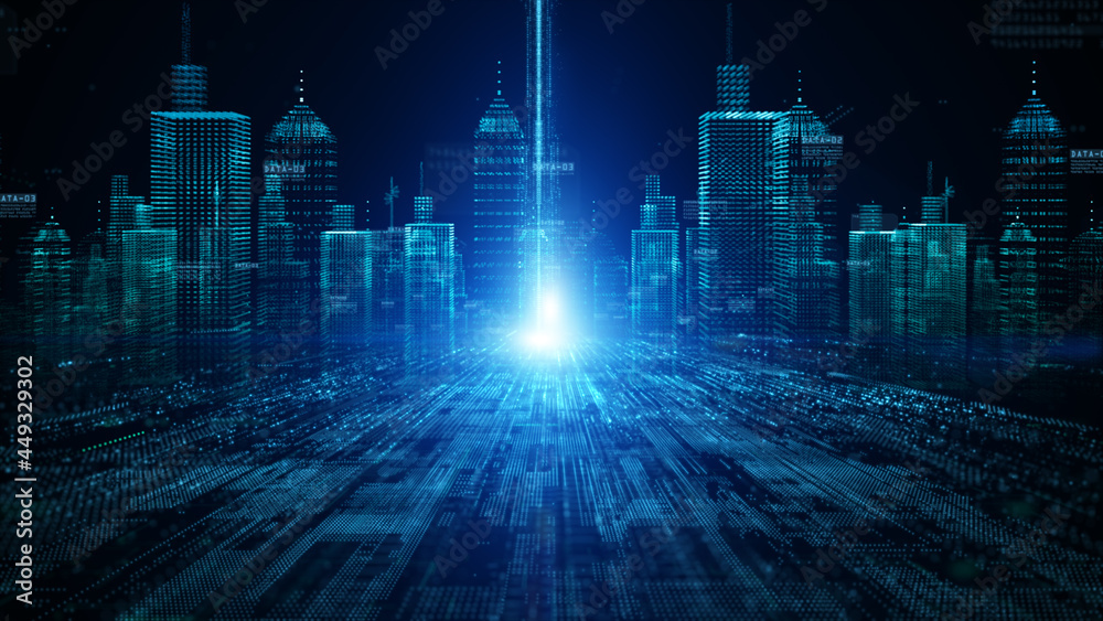 Wall mural The smart city of Futuristic technology internet and big data 5g connection. Technology digital data network connection abstract background