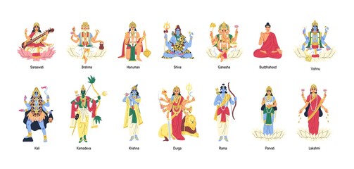 Set of ancient Indian Hindu gods and goddesses. Different idols of Hinduism. Deities and lords in India. Holy traditional characters of Asia. Flat vector illustration isolated on white background - obrazy, fototapety, plakaty