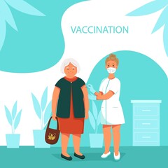 Doctor vaccinates an older woman. Concept of vaccination against coronavirus. Vector banner template in flat style.