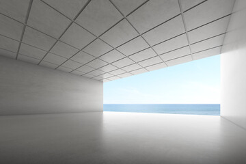 3d render of empty concrete room with large window on the sea background.